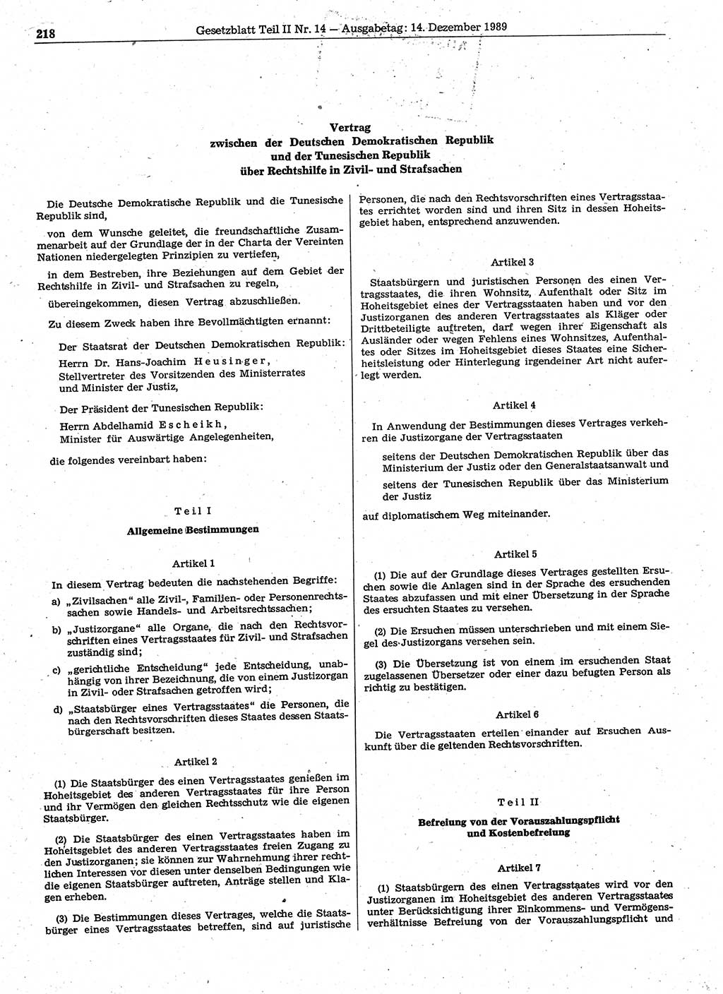 Gesetzblatt (GBl.) der Deutschen Demokratischen Republik (DDR) Teil ⅠⅠ 1989, Seite 218 (GBl. DDR ⅠⅠ 1989, S. 218)