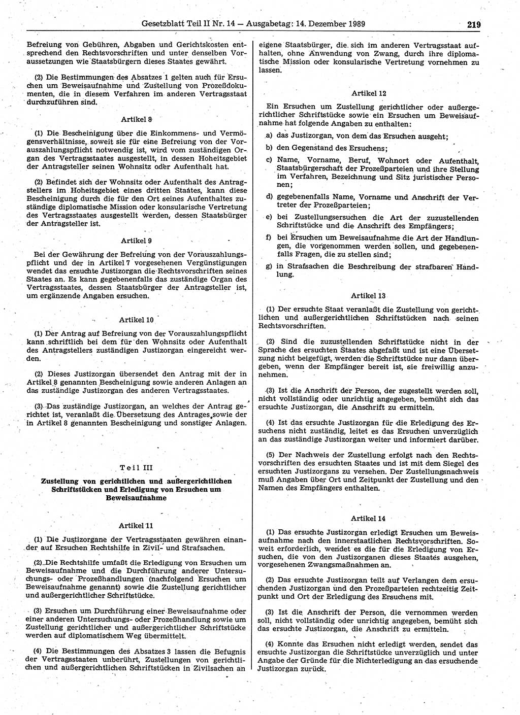Gesetzblatt (GBl.) der Deutschen Demokratischen Republik (DDR) Teil ⅠⅠ 1989, Seite 219 (GBl. DDR ⅠⅠ 1989, S. 219)