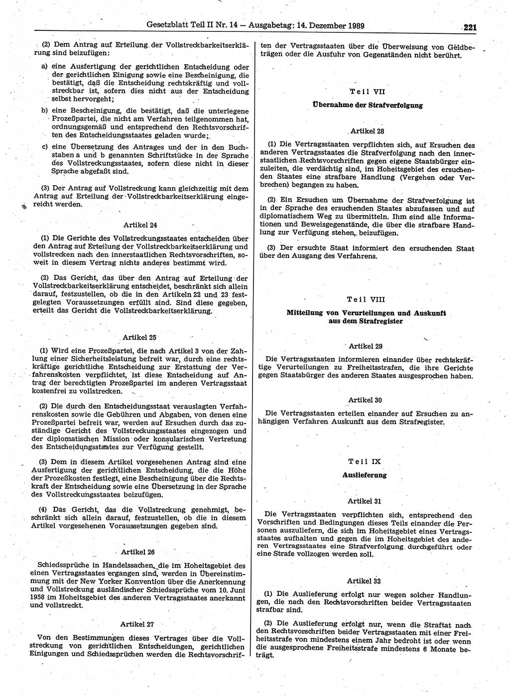 Gesetzblatt (GBl.) der Deutschen Demokratischen Republik (DDR) Teil ⅠⅠ 1989, Seite 221 (GBl. DDR ⅠⅠ 1989, S. 221)