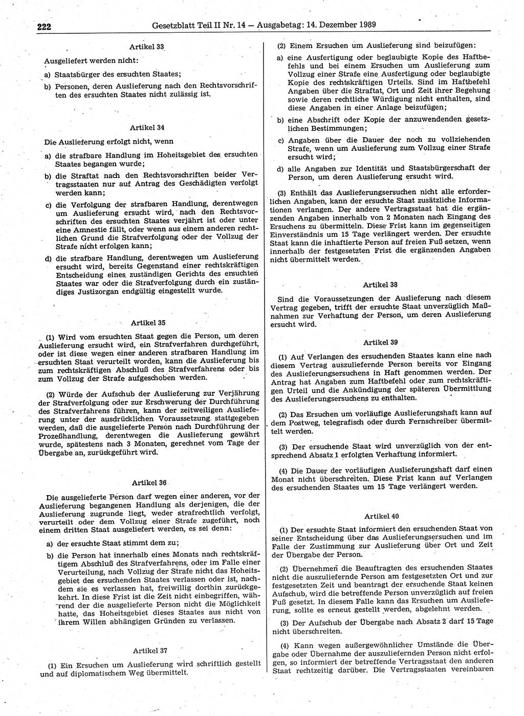 Gesetzblatt (GBl.) der Deutschen Demokratischen Republik (DDR) Teil ⅠⅠ 1989, Seite 222 (GBl. DDR ⅠⅠ 1989, S. 222)