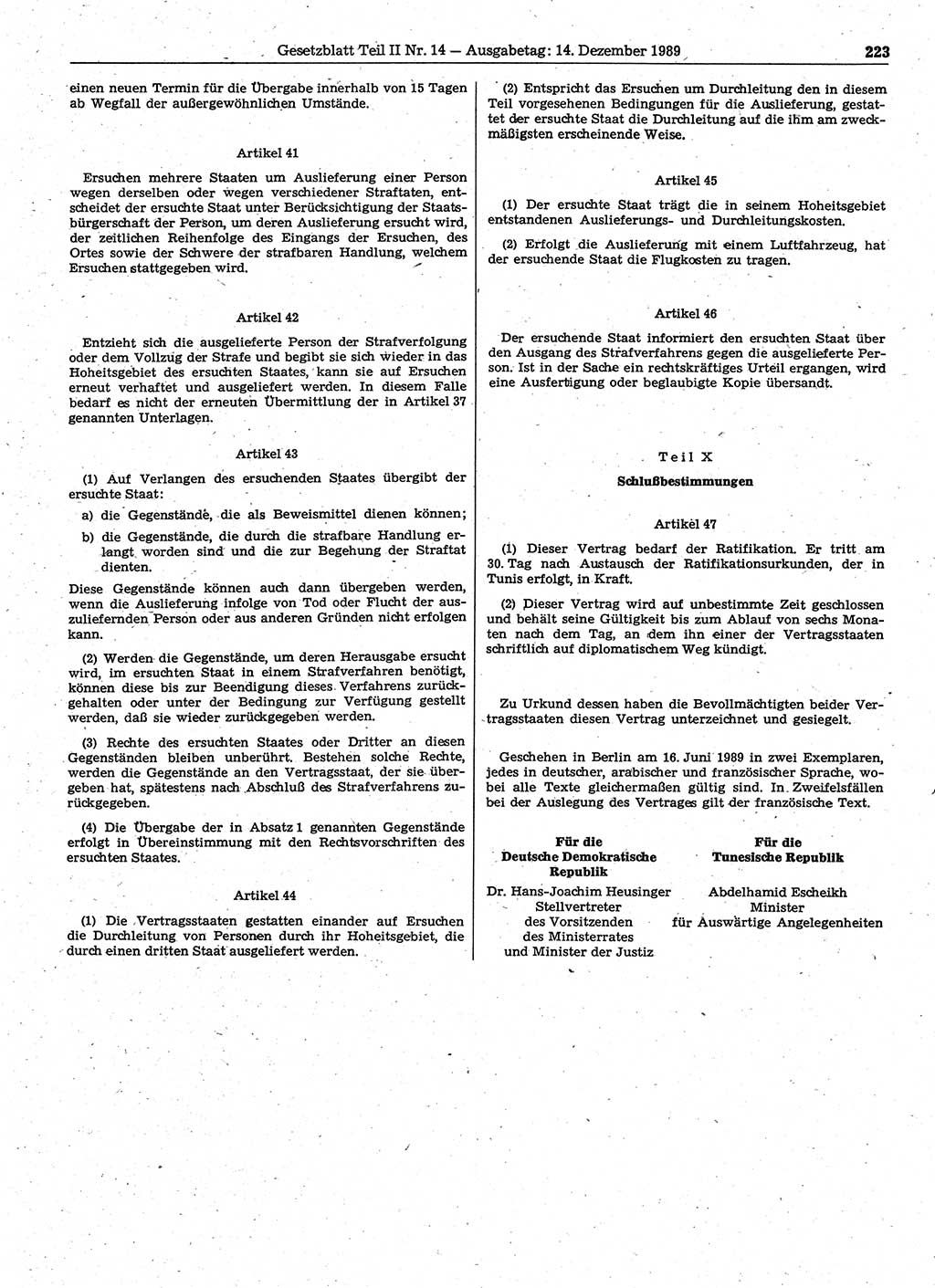Gesetzblatt (GBl.) der Deutschen Demokratischen Republik (DDR) Teil ⅠⅠ 1989, Seite 223 (GBl. DDR ⅠⅠ 1989, S. 223)