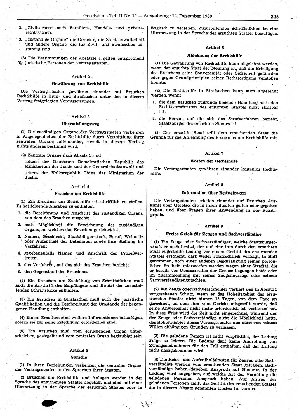 Gesetzblatt (GBl.) der Deutschen Demokratischen Republik (DDR) Teil ⅠⅠ 1989, Seite 225 (GBl. DDR ⅠⅠ 1989, S. 225)