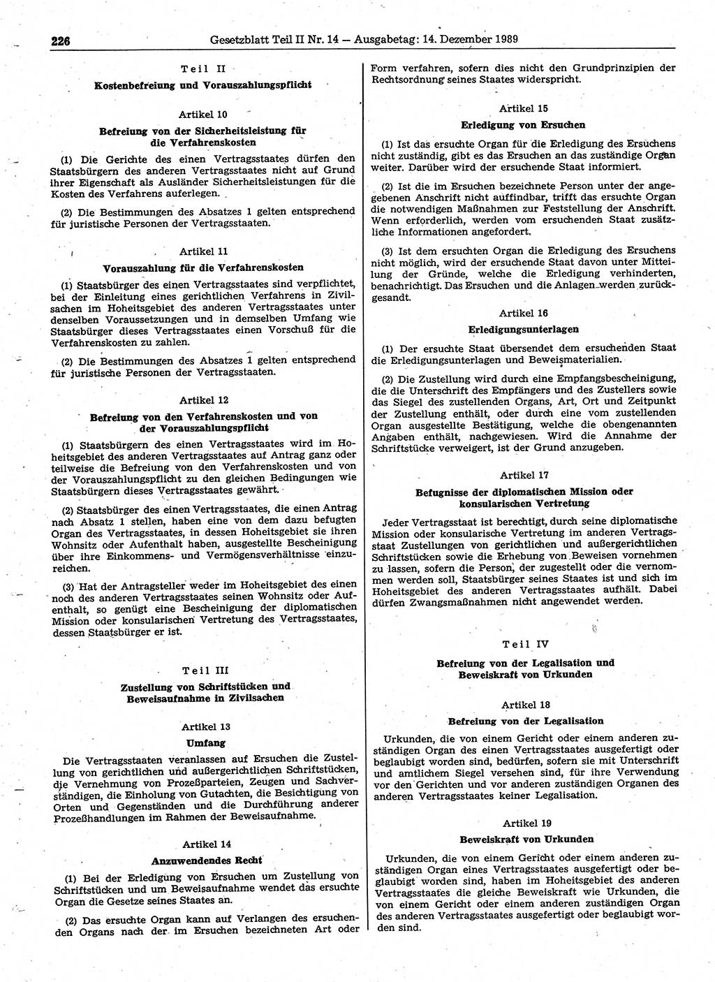 Gesetzblatt (GBl.) der Deutschen Demokratischen Republik (DDR) Teil ⅠⅠ 1989, Seite 226 (GBl. DDR ⅠⅠ 1989, S. 226)