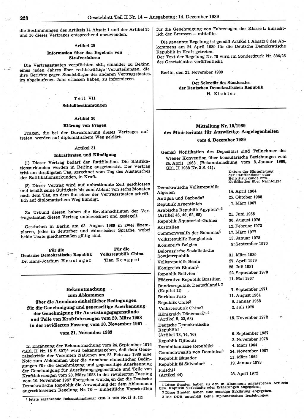 Gesetzblatt (GBl.) der Deutschen Demokratischen Republik (DDR) Teil ⅠⅠ 1989, Seite 228 (GBl. DDR ⅠⅠ 1989, S. 228)