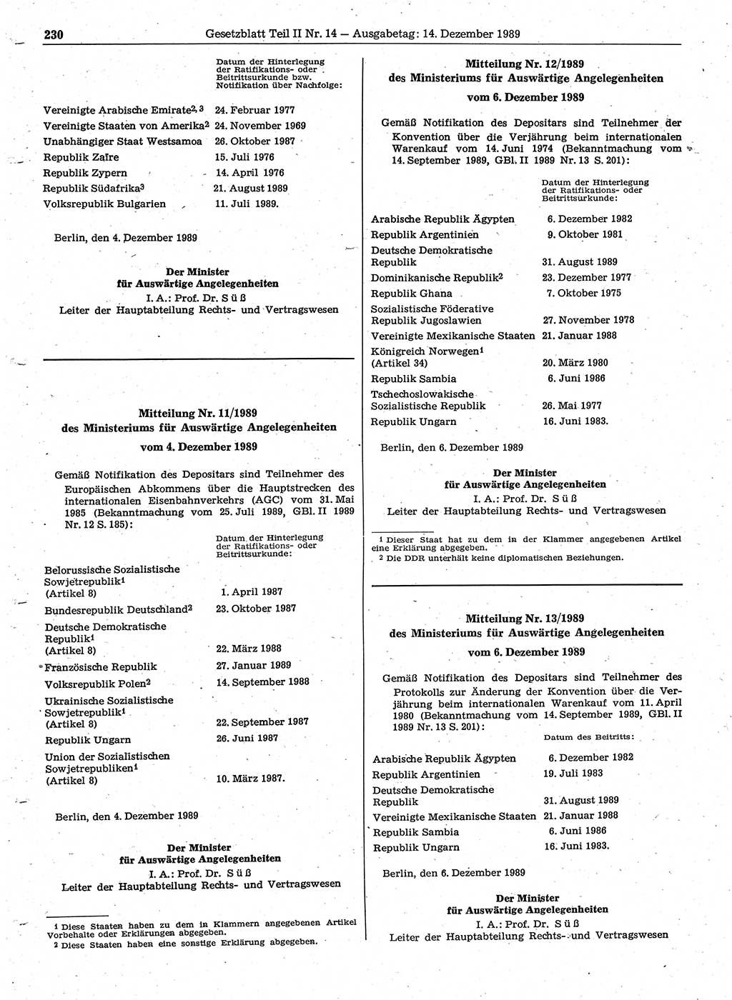 Gesetzblatt (GBl.) der Deutschen Demokratischen Republik (DDR) Teil ⅠⅠ 1989, Seite 230 (GBl. DDR ⅠⅠ 1989, S. 230)