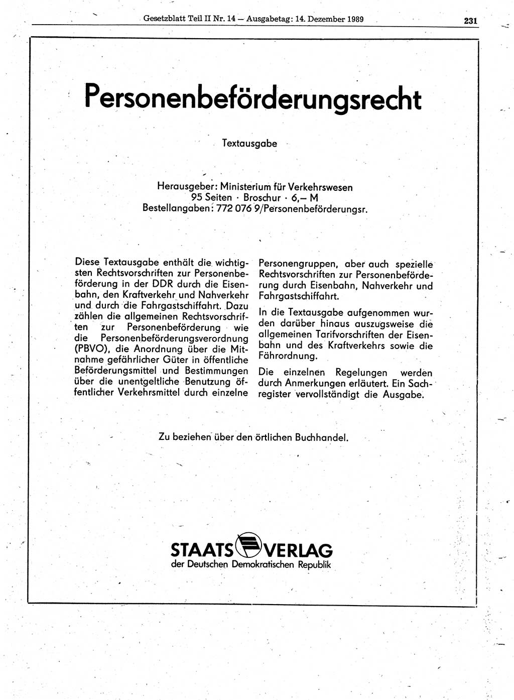 Gesetzblatt (GBl.) der Deutschen Demokratischen Republik (DDR) Teil ⅠⅠ 1989, Seite 231 (GBl. DDR ⅠⅠ 1989, S. 231)