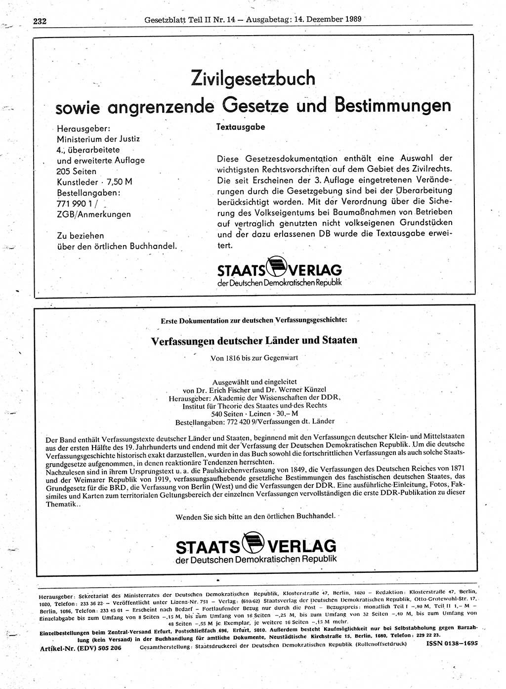 Gesetzblatt (GBl.) der Deutschen Demokratischen Republik (DDR) Teil ⅠⅠ 1989, Seite 232 (GBl. DDR ⅠⅠ 1989, S. 232)