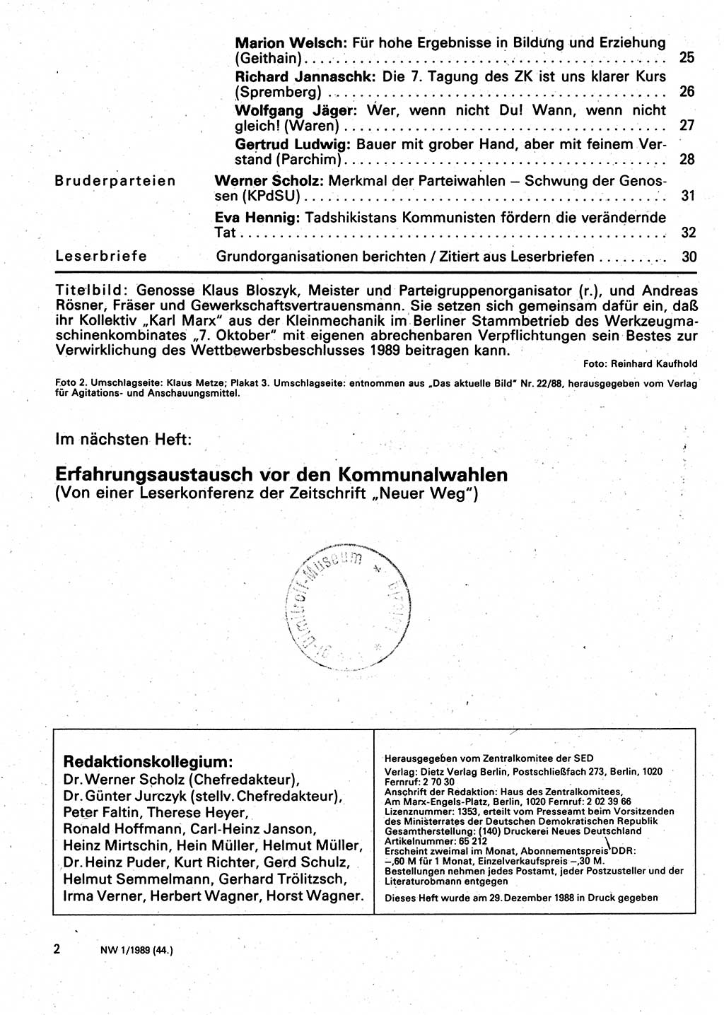 Neuer Weg (NW), Organ des Zentralkomitees (ZK) der SED (Sozialistische Einheitspartei Deutschlands) für Fragen des Parteilebens, 44. Jahrgang [Deutsche Demokratische Republik (DDR)] 1989, Seite 2 (NW ZK SED DDR 1989, S. 2)