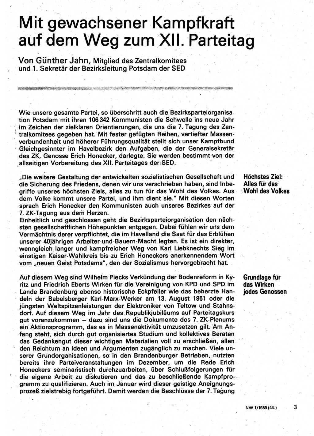 Neuer Weg (NW), Organ des Zentralkomitees (ZK) der SED (Sozialistische Einheitspartei Deutschlands) für Fragen des Parteilebens, 44. Jahrgang [Deutsche Demokratische Republik (DDR)] 1989, Seite 3 (NW ZK SED DDR 1989, S. 3)
