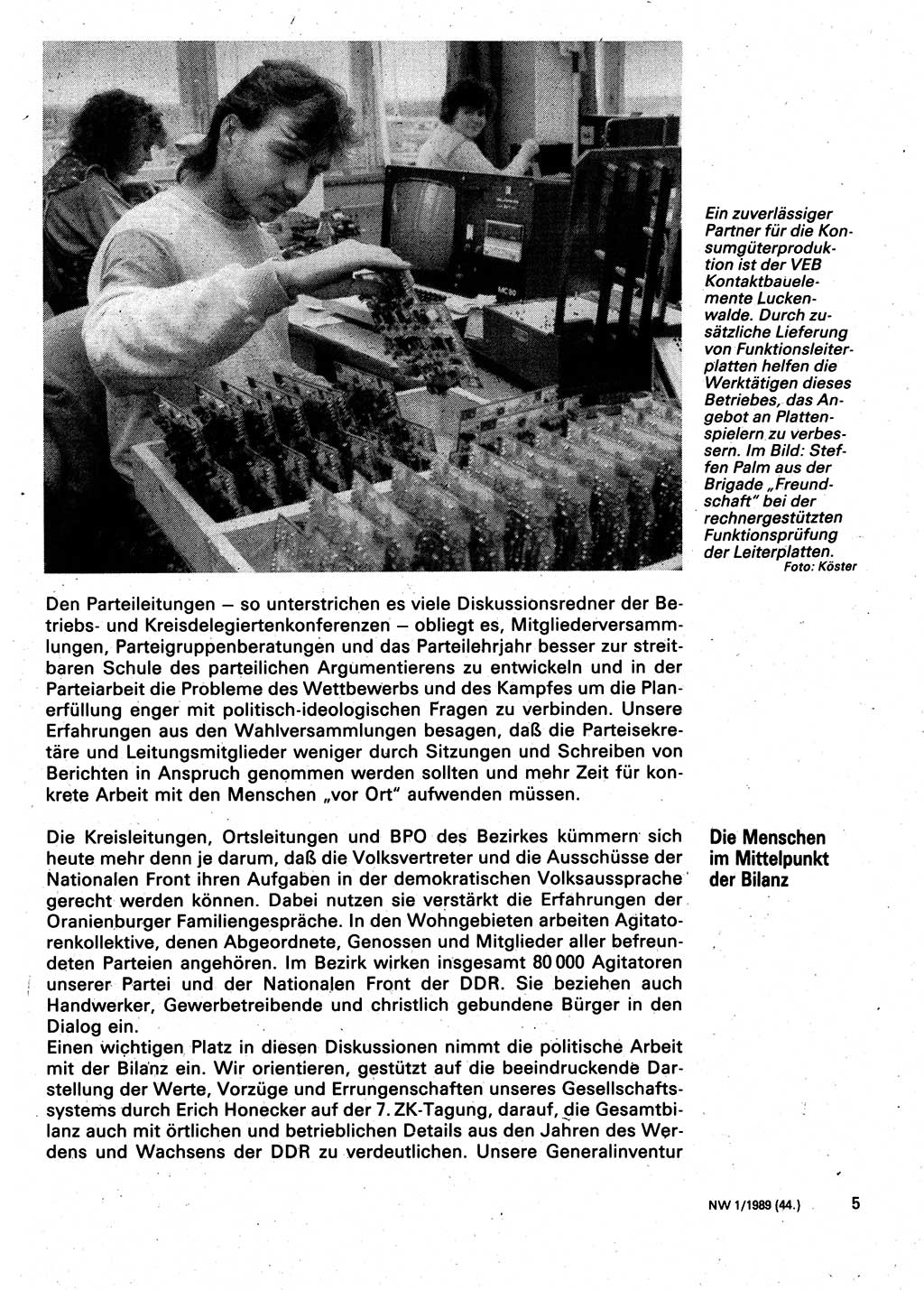 Neuer Weg (NW), Organ des Zentralkomitees (ZK) der SED (Sozialistische Einheitspartei Deutschlands) für Fragen des Parteilebens, 44. Jahrgang [Deutsche Demokratische Republik (DDR)] 1989, Seite 5 (NW ZK SED DDR 1989, S. 5)