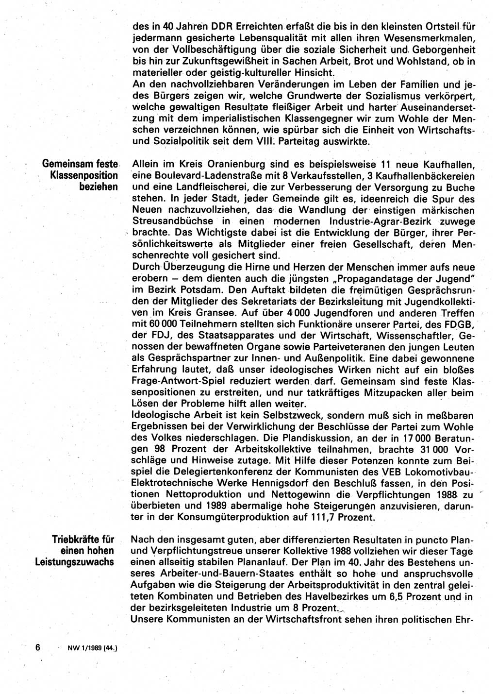 Neuer Weg (NW), Organ des Zentralkomitees (ZK) der SED (Sozialistische Einheitspartei Deutschlands) für Fragen des Parteilebens, 44. Jahrgang [Deutsche Demokratische Republik (DDR)] 1989, Seite 6 (NW ZK SED DDR 1989, S. 6)