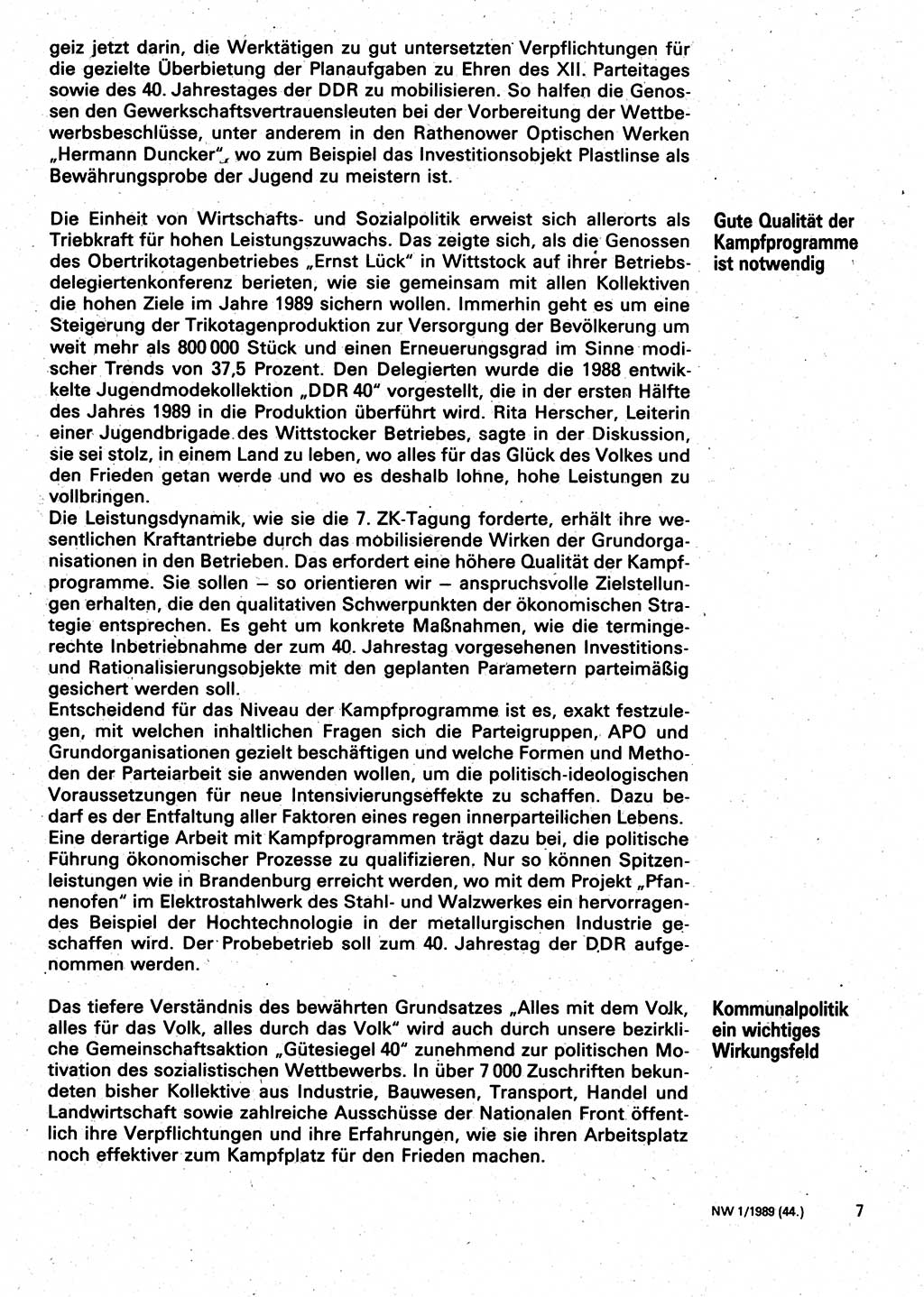 Neuer Weg (NW), Organ des Zentralkomitees (ZK) der SED (Sozialistische Einheitspartei Deutschlands) für Fragen des Parteilebens, 44. Jahrgang [Deutsche Demokratische Republik (DDR)] 1989, Seite 7 (NW ZK SED DDR 1989, S. 7)