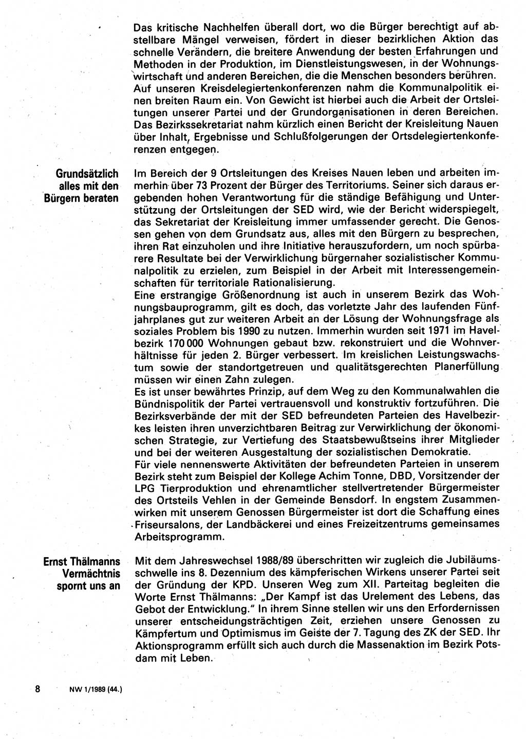 Neuer Weg (NW), Organ des Zentralkomitees (ZK) der SED (Sozialistische Einheitspartei Deutschlands) für Fragen des Parteilebens, 44. Jahrgang [Deutsche Demokratische Republik (DDR)] 1989, Seite 8 (NW ZK SED DDR 1989, S. 8)