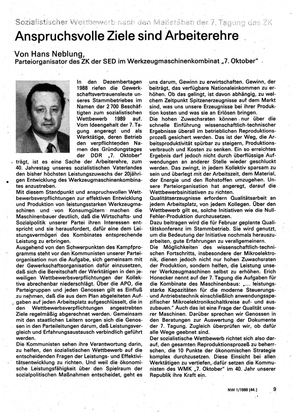 Neuer Weg (NW), Organ des Zentralkomitees (ZK) der SED (Sozialistische Einheitspartei Deutschlands) für Fragen des Parteilebens, 44. Jahrgang [Deutsche Demokratische Republik (DDR)] 1989, Seite 9 (NW ZK SED DDR 1989, S. 9)