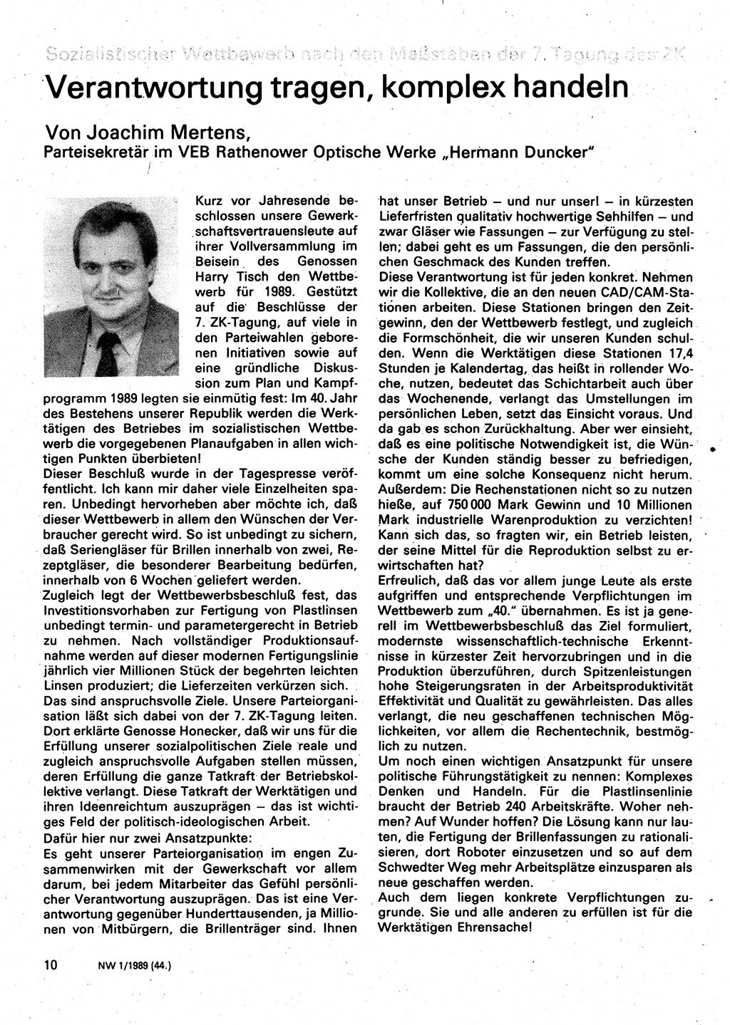 Neuer Weg (NW), Organ des Zentralkomitees (ZK) der SED (Sozialistische Einheitspartei Deutschlands) für Fragen des Parteilebens, 44. Jahrgang [Deutsche Demokratische Republik (DDR)] 1989, Seite 10 (NW ZK SED DDR 1989, S. 10)