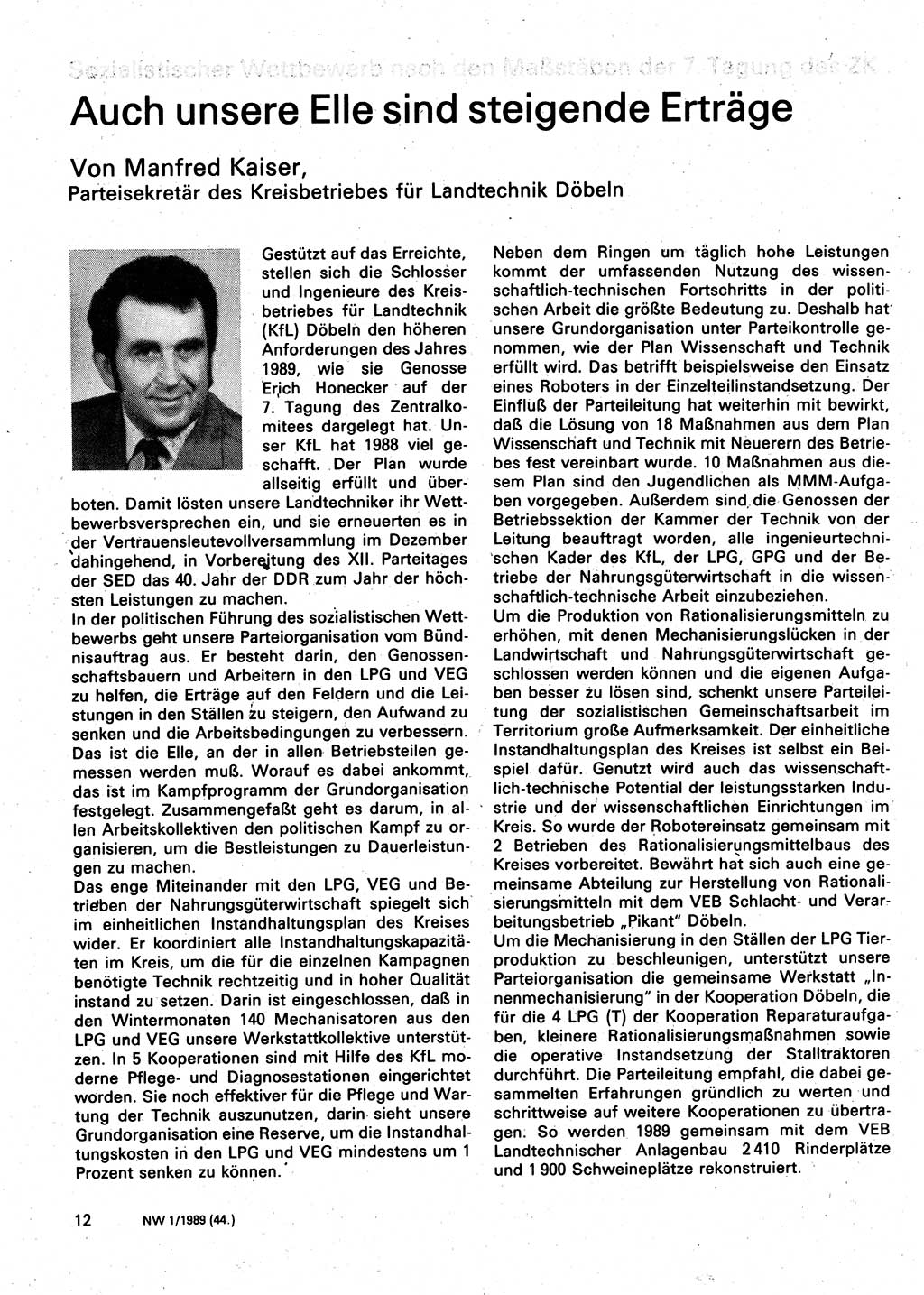 Neuer Weg (NW), Organ des Zentralkomitees (ZK) der SED (Sozialistische Einheitspartei Deutschlands) für Fragen des Parteilebens, 44. Jahrgang [Deutsche Demokratische Republik (DDR)] 1989, Seite 12 (NW ZK SED DDR 1989, S. 12)