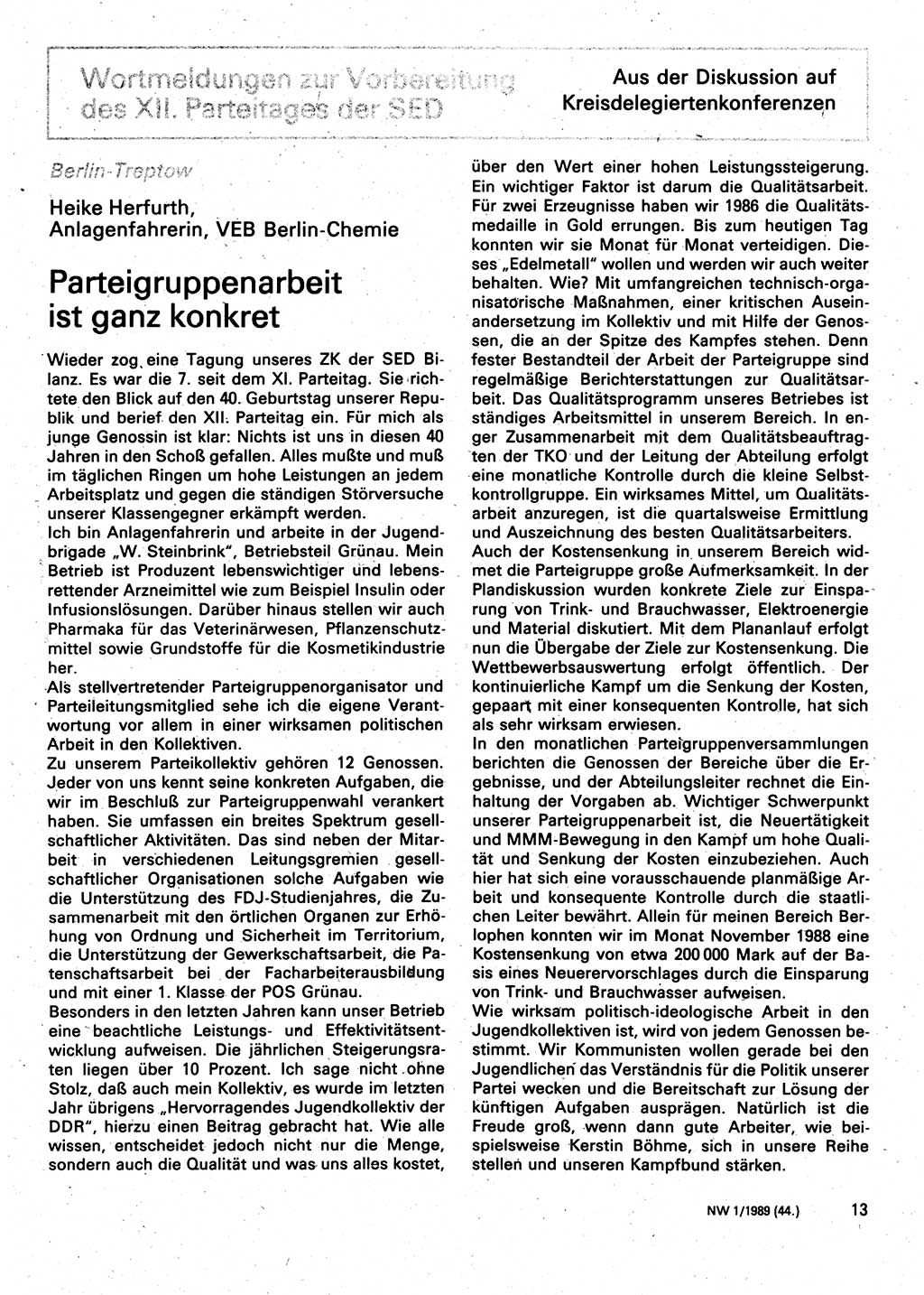 Neuer Weg (NW), Organ des Zentralkomitees (ZK) der SED (Sozialistische Einheitspartei Deutschlands) für Fragen des Parteilebens, 44. Jahrgang [Deutsche Demokratische Republik (DDR)] 1989, Seite 13 (NW ZK SED DDR 1989, S. 13)