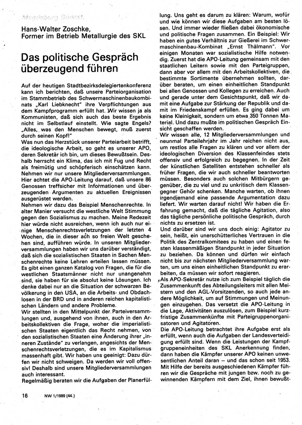 Neuer Weg (NW), Organ des Zentralkomitees (ZK) der SED (Sozialistische Einheitspartei Deutschlands) für Fragen des Parteilebens, 44. Jahrgang [Deutsche Demokratische Republik (DDR)] 1989, Seite 16 (NW ZK SED DDR 1989, S. 16)