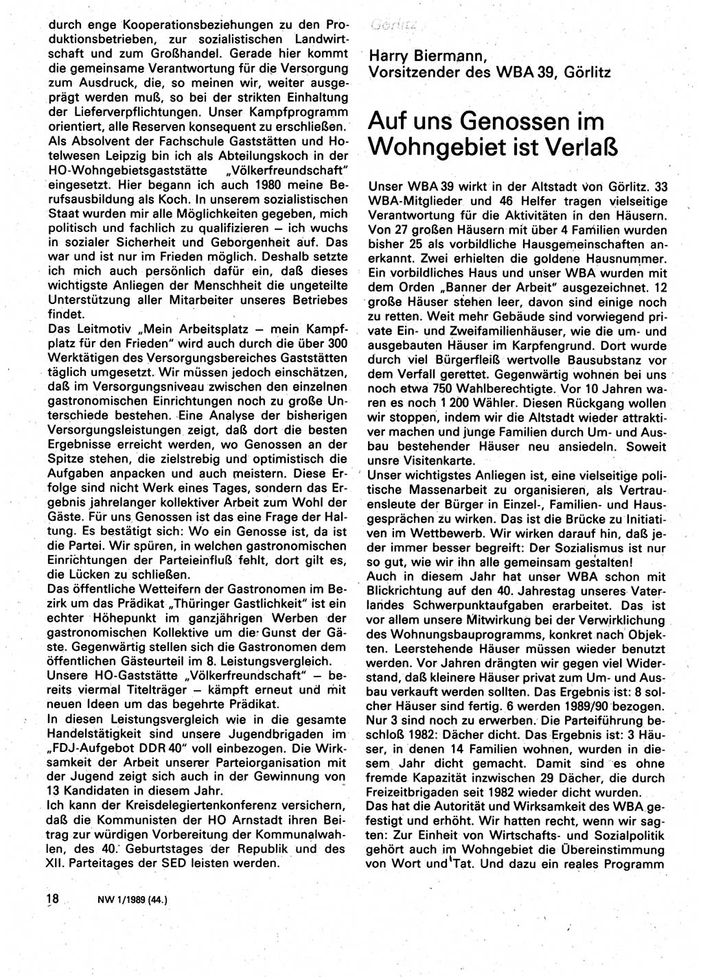 Neuer Weg (NW), Organ des Zentralkomitees (ZK) der SED (Sozialistische Einheitspartei Deutschlands) für Fragen des Parteilebens, 44. Jahrgang [Deutsche Demokratische Republik (DDR)] 1989, Seite 18 (NW ZK SED DDR 1989, S. 18)