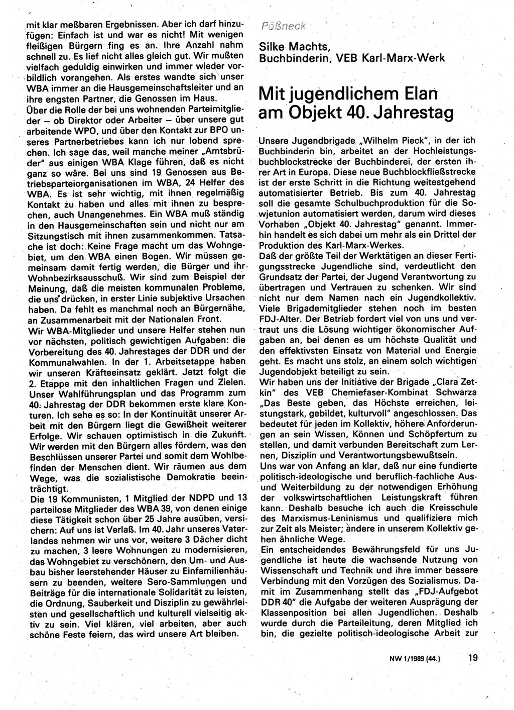 Neuer Weg (NW), Organ des Zentralkomitees (ZK) der SED (Sozialistische Einheitspartei Deutschlands) für Fragen des Parteilebens, 44. Jahrgang [Deutsche Demokratische Republik (DDR)] 1989, Seite 19 (NW ZK SED DDR 1989, S. 19)