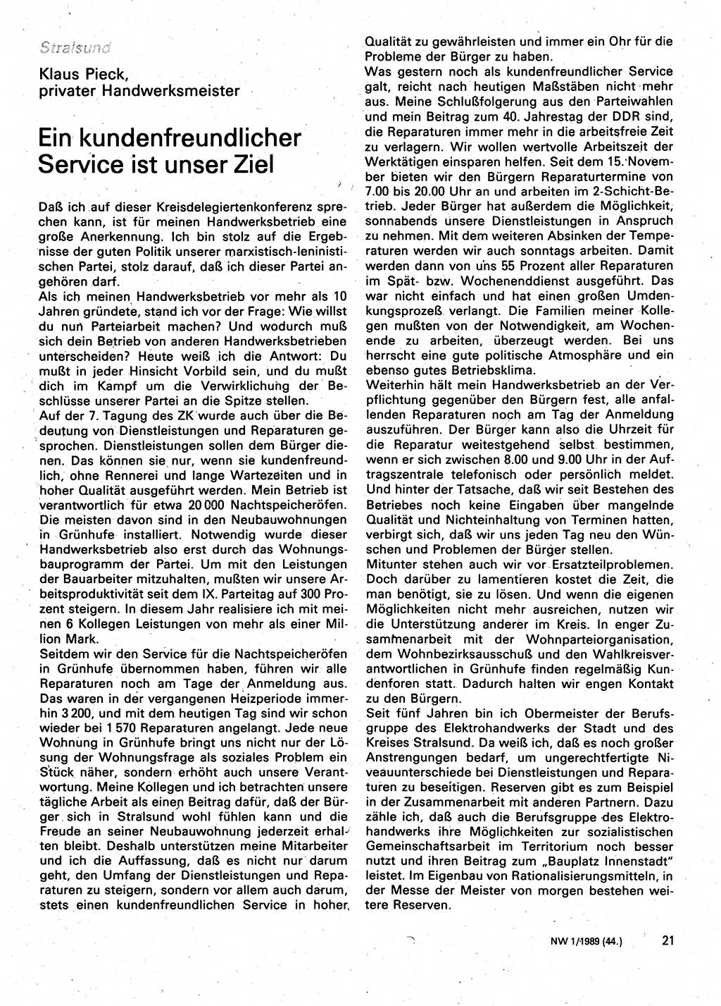 Neuer Weg (NW), Organ des Zentralkomitees (ZK) der SED (Sozialistische Einheitspartei Deutschlands) für Fragen des Parteilebens, 44. Jahrgang [Deutsche Demokratische Republik (DDR)] 1989, Seite 21 (NW ZK SED DDR 1989, S. 21)