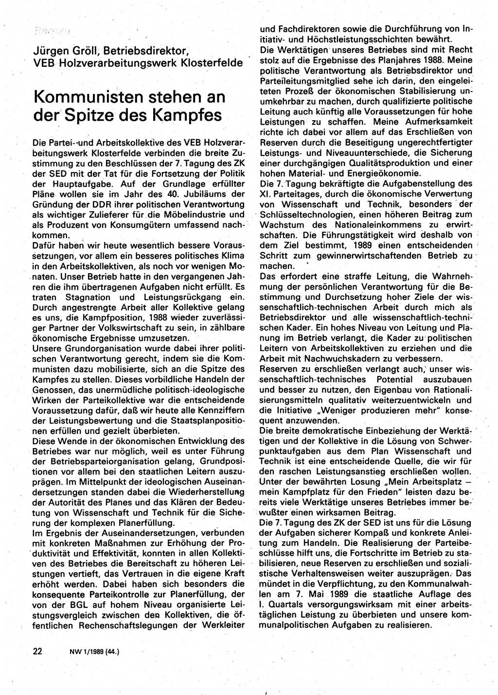 Neuer Weg (NW), Organ des Zentralkomitees (ZK) der SED (Sozialistische Einheitspartei Deutschlands) für Fragen des Parteilebens, 44. Jahrgang [Deutsche Demokratische Republik (DDR)] 1989, Seite 22 (NW ZK SED DDR 1989, S. 22)
