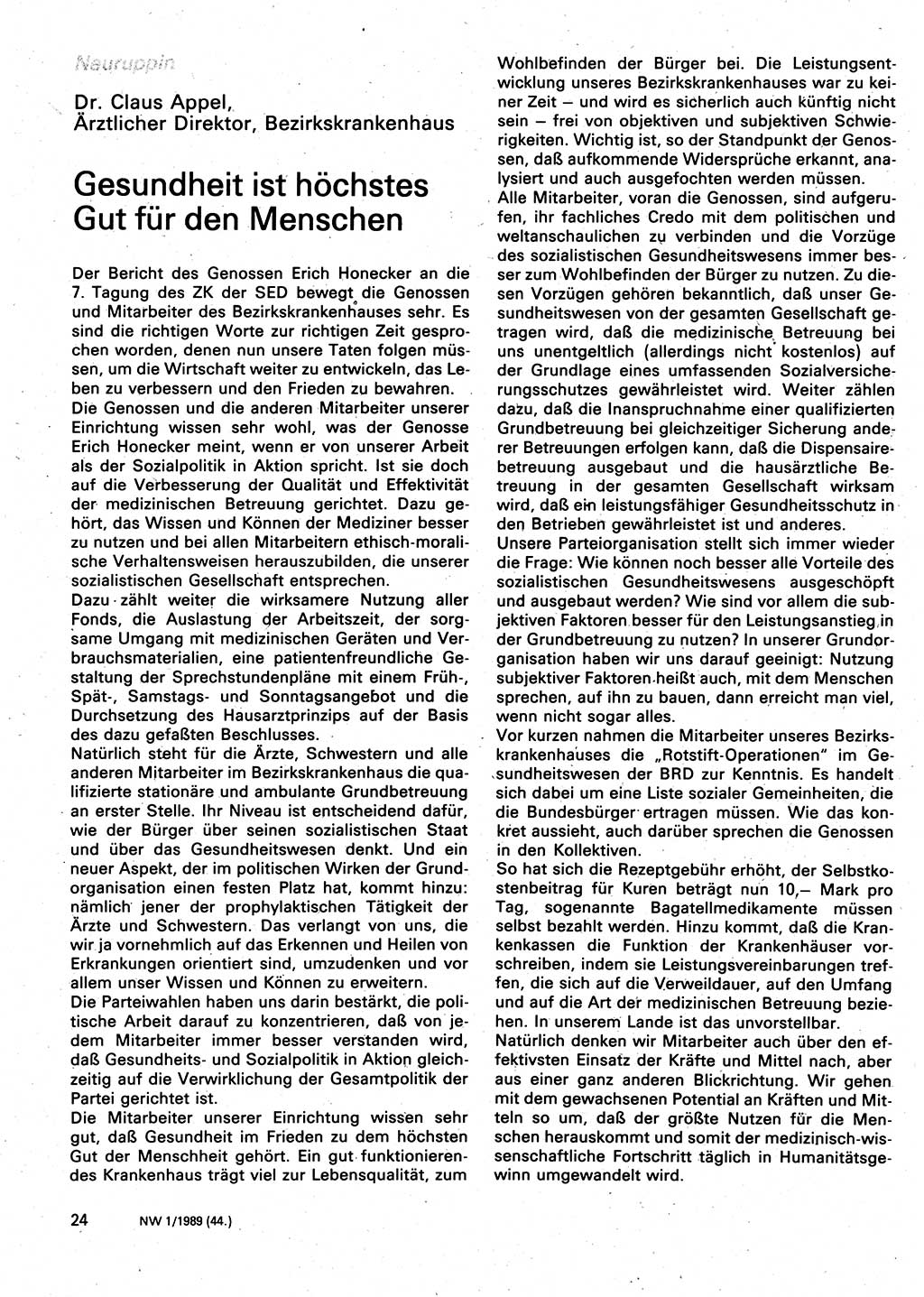 Neuer Weg (NW), Organ des Zentralkomitees (ZK) der SED (Sozialistische Einheitspartei Deutschlands) für Fragen des Parteilebens, 44. Jahrgang [Deutsche Demokratische Republik (DDR)] 1989, Seite 24 (NW ZK SED DDR 1989, S. 24)