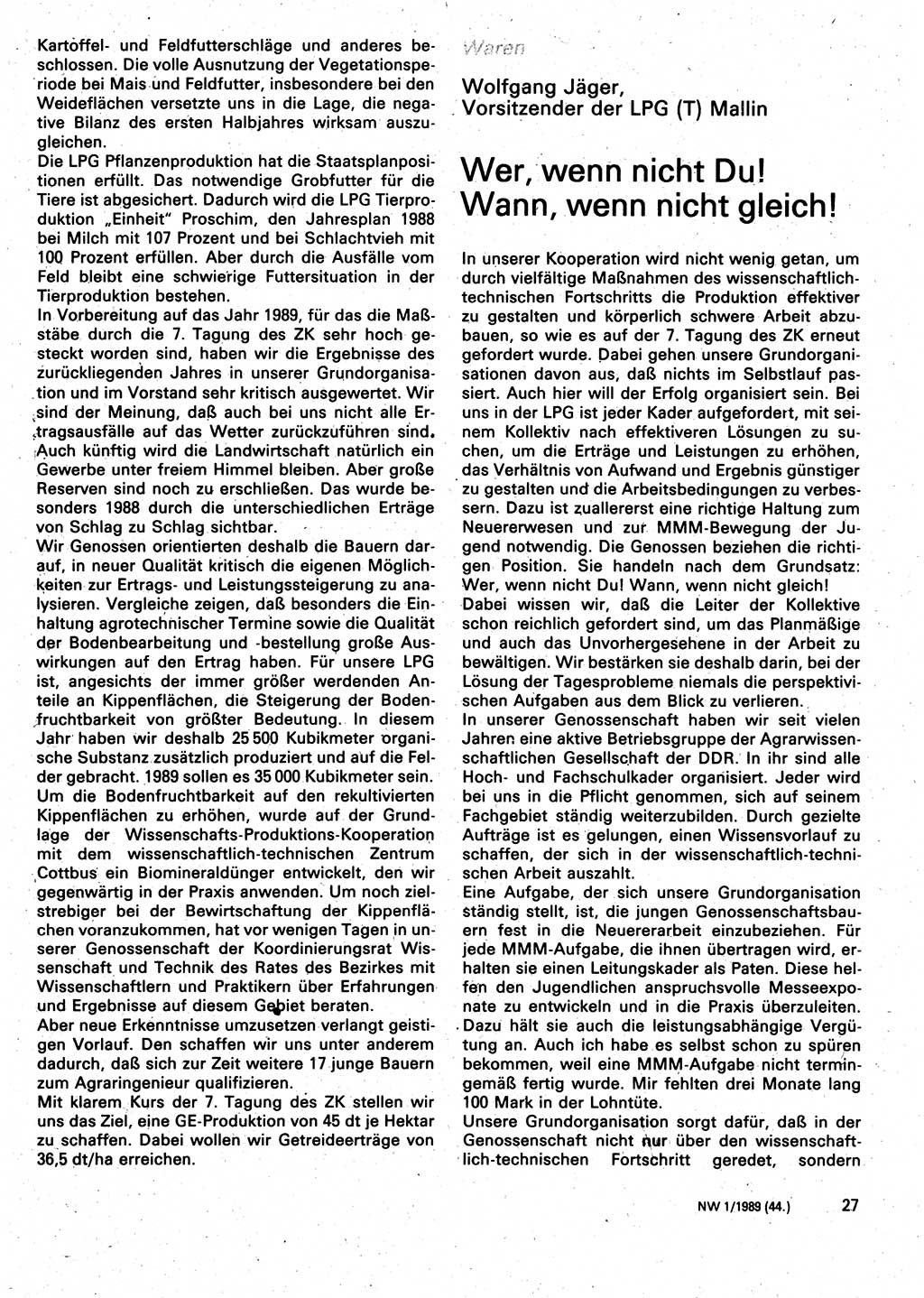 Neuer Weg (NW), Organ des Zentralkomitees (ZK) der SED (Sozialistische Einheitspartei Deutschlands) für Fragen des Parteilebens, 44. Jahrgang [Deutsche Demokratische Republik (DDR)] 1989, Seite 27 (NW ZK SED DDR 1989, S. 27)