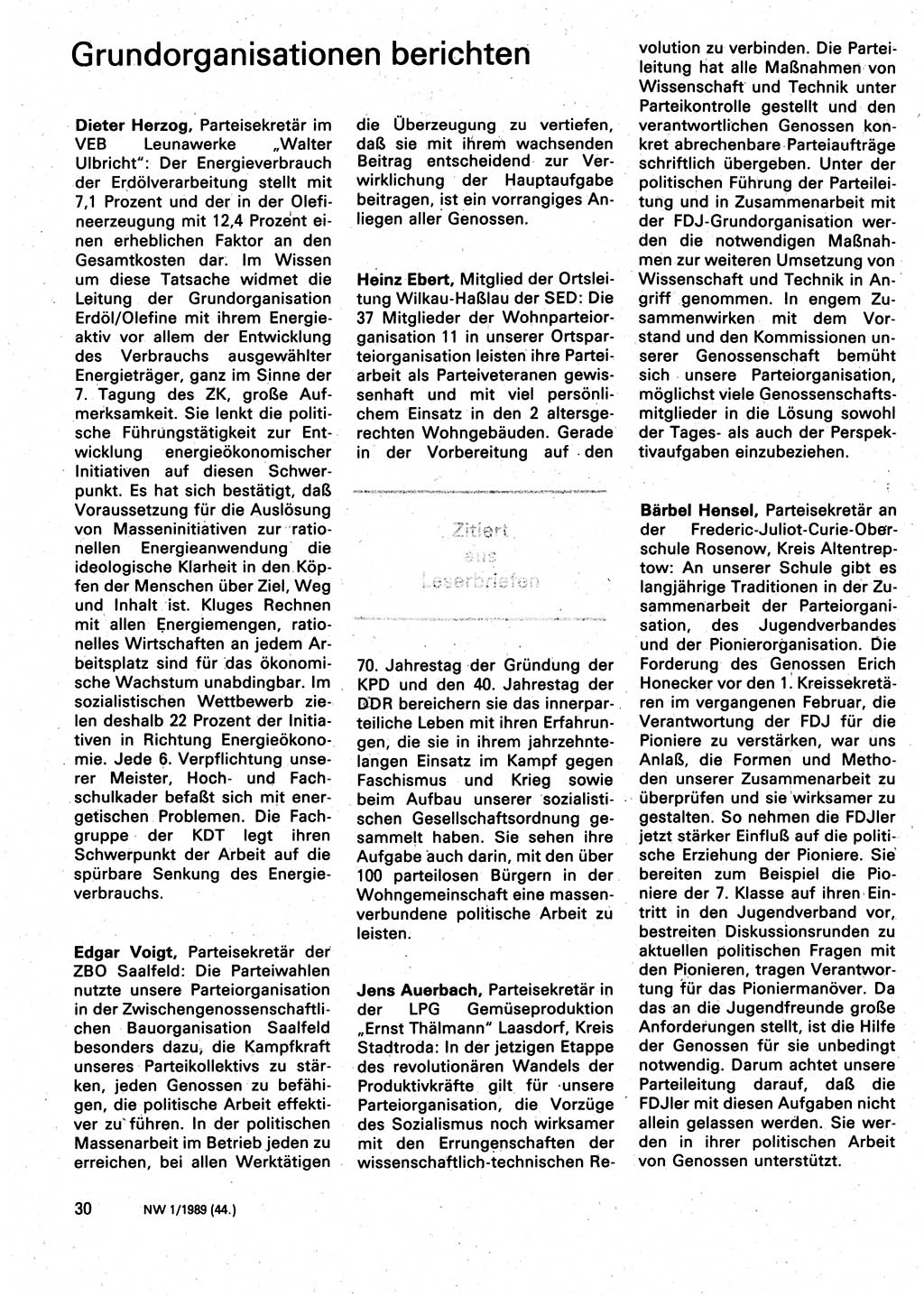 Neuer Weg (NW), Organ des Zentralkomitees (ZK) der SED (Sozialistische Einheitspartei Deutschlands) für Fragen des Parteilebens, 44. Jahrgang [Deutsche Demokratische Republik (DDR)] 1989, Seite 30 (NW ZK SED DDR 1989, S. 30)