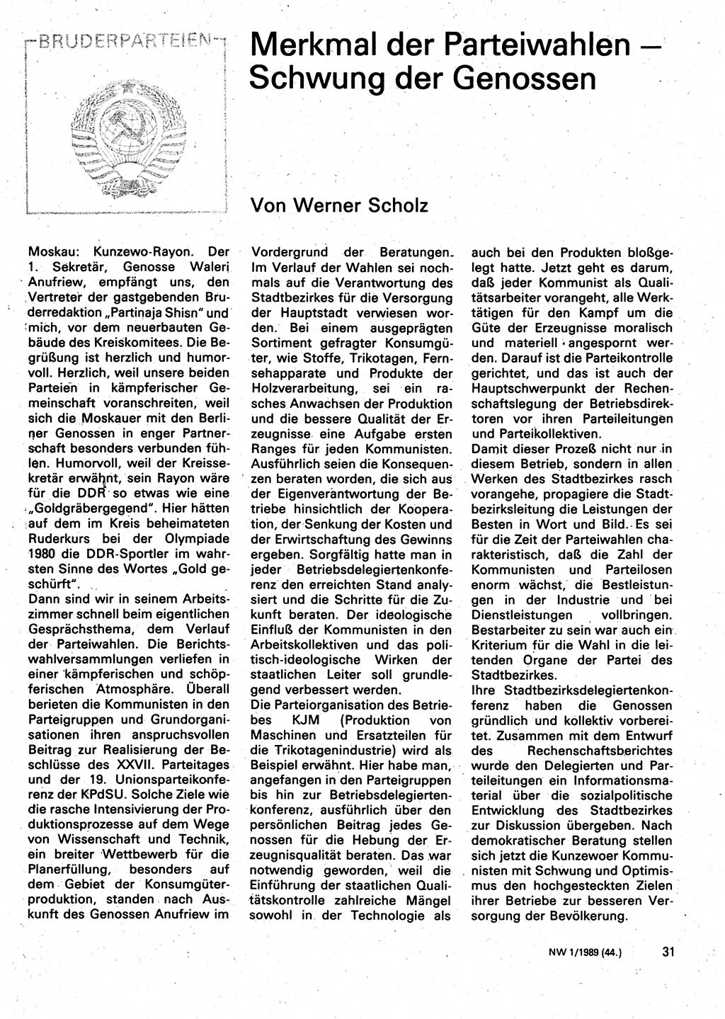 Neuer Weg (NW), Organ des Zentralkomitees (ZK) der SED (Sozialistische Einheitspartei Deutschlands) für Fragen des Parteilebens, 44. Jahrgang [Deutsche Demokratische Republik (DDR)] 1989, Seite 31 (NW ZK SED DDR 1989, S. 31)