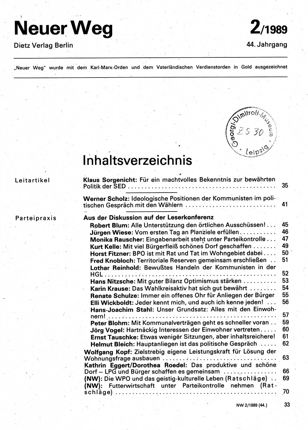 Neuer Weg (NW), Organ des Zentralkomitees (ZK) der SED (Sozialistische Einheitspartei Deutschlands) für Fragen des Parteilebens, 44. Jahrgang [Deutsche Demokratische Republik (DDR)] 1989, Seite 33 (NW ZK SED DDR 1989, S. 33)