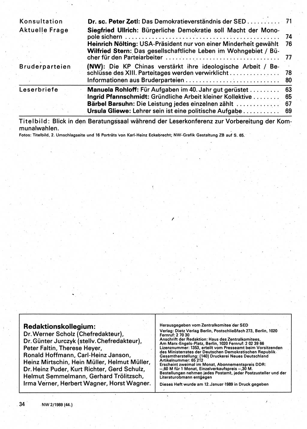 Neuer Weg (NW), Organ des Zentralkomitees (ZK) der SED (Sozialistische Einheitspartei Deutschlands) für Fragen des Parteilebens, 44. Jahrgang [Deutsche Demokratische Republik (DDR)] 1989, Seite 34 (NW ZK SED DDR 1989, S. 34)