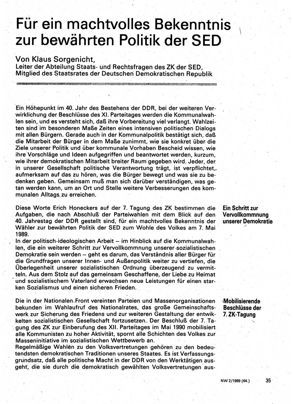 Neuer Weg (NW), Organ des Zentralkomitees (ZK) der SED (Sozialistische Einheitspartei Deutschlands) für Fragen des Parteilebens, 44. Jahrgang [Deutsche Demokratische Republik (DDR)] 1989, Seite 35 (NW ZK SED DDR 1989, S. 35)
