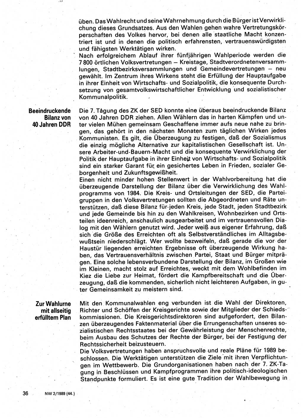 Neuer Weg (NW), Organ des Zentralkomitees (ZK) der SED (Sozialistische Einheitspartei Deutschlands) für Fragen des Parteilebens, 44. Jahrgang [Deutsche Demokratische Republik (DDR)] 1989, Seite 36 (NW ZK SED DDR 1989, S. 36)