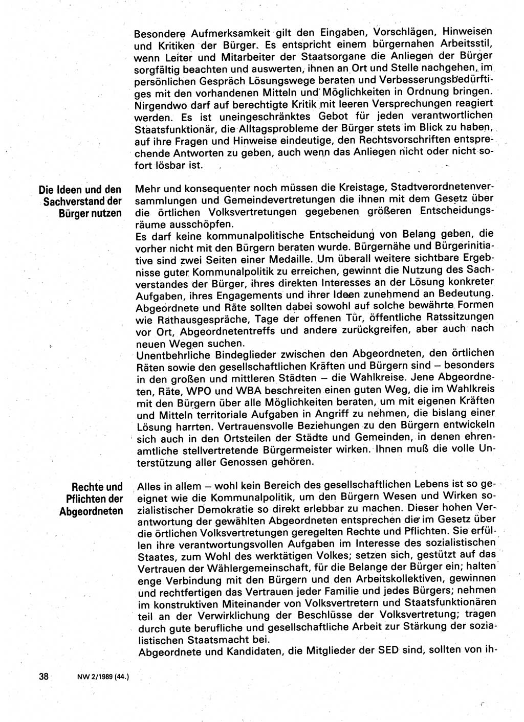 Neuer Weg (NW), Organ des Zentralkomitees (ZK) der SED (Sozialistische Einheitspartei Deutschlands) für Fragen des Parteilebens, 44. Jahrgang [Deutsche Demokratische Republik (DDR)] 1989, Seite 38 (NW ZK SED DDR 1989, S. 38)