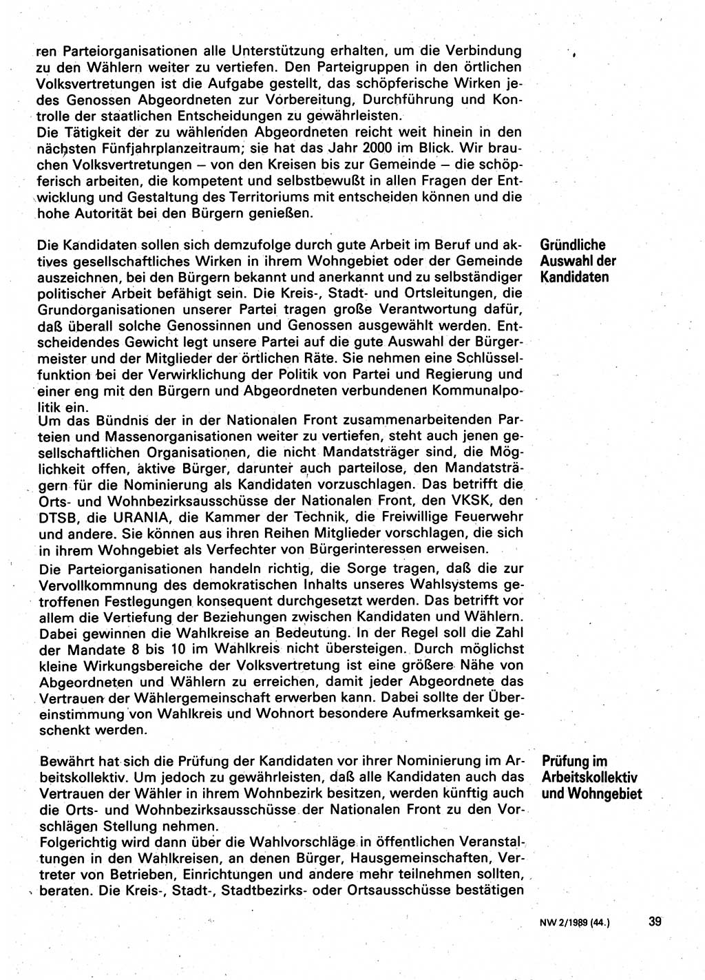 Neuer Weg (NW), Organ des Zentralkomitees (ZK) der SED (Sozialistische Einheitspartei Deutschlands) für Fragen des Parteilebens, 44. Jahrgang [Deutsche Demokratische Republik (DDR)] 1989, Seite 39 (NW ZK SED DDR 1989, S. 39)