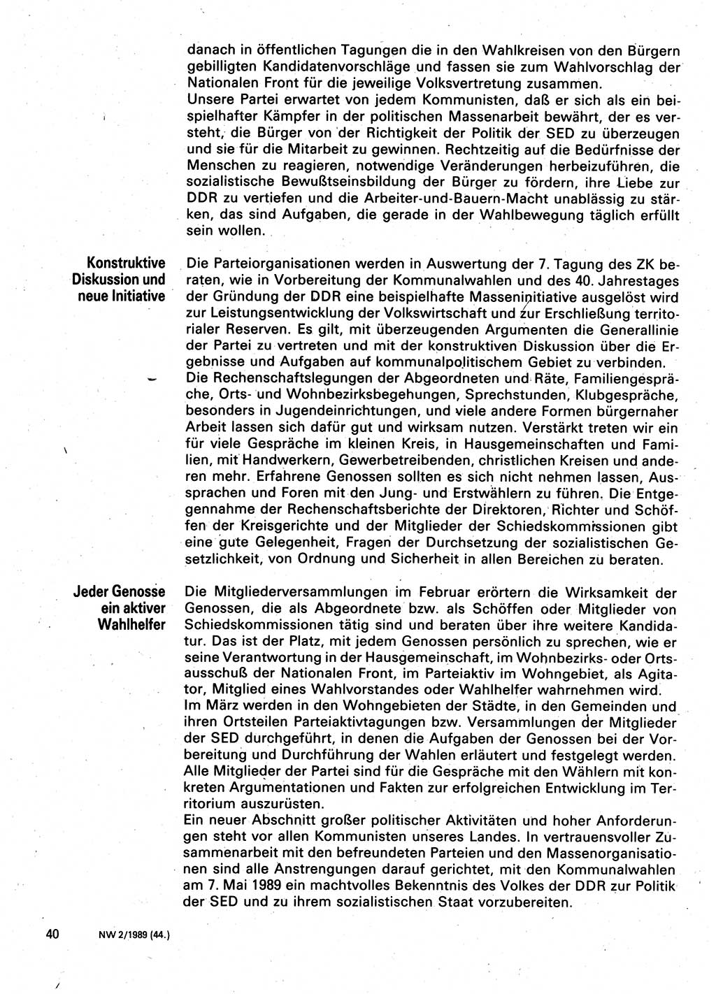 Neuer Weg (NW), Organ des Zentralkomitees (ZK) der SED (Sozialistische Einheitspartei Deutschlands) für Fragen des Parteilebens, 44. Jahrgang [Deutsche Demokratische Republik (DDR)] 1989, Seite 40 (NW ZK SED DDR 1989, S. 40)