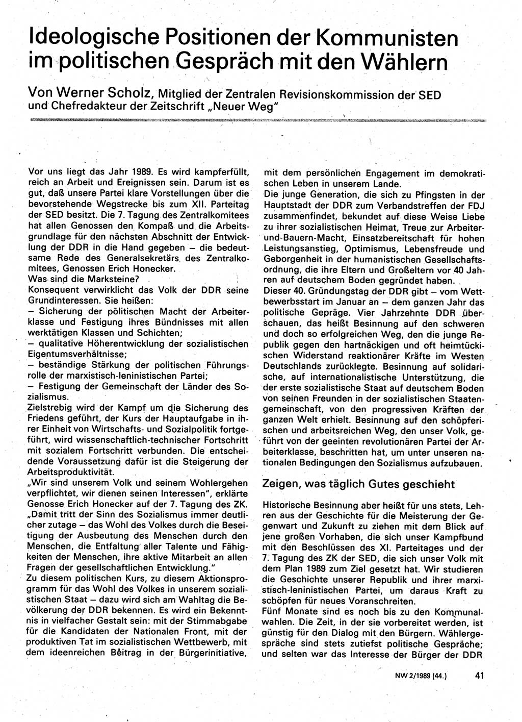 Neuer Weg (NW), Organ des Zentralkomitees (ZK) der SED (Sozialistische Einheitspartei Deutschlands) für Fragen des Parteilebens, 44. Jahrgang [Deutsche Demokratische Republik (DDR)] 1989, Seite 41 (NW ZK SED DDR 1989, S. 41)