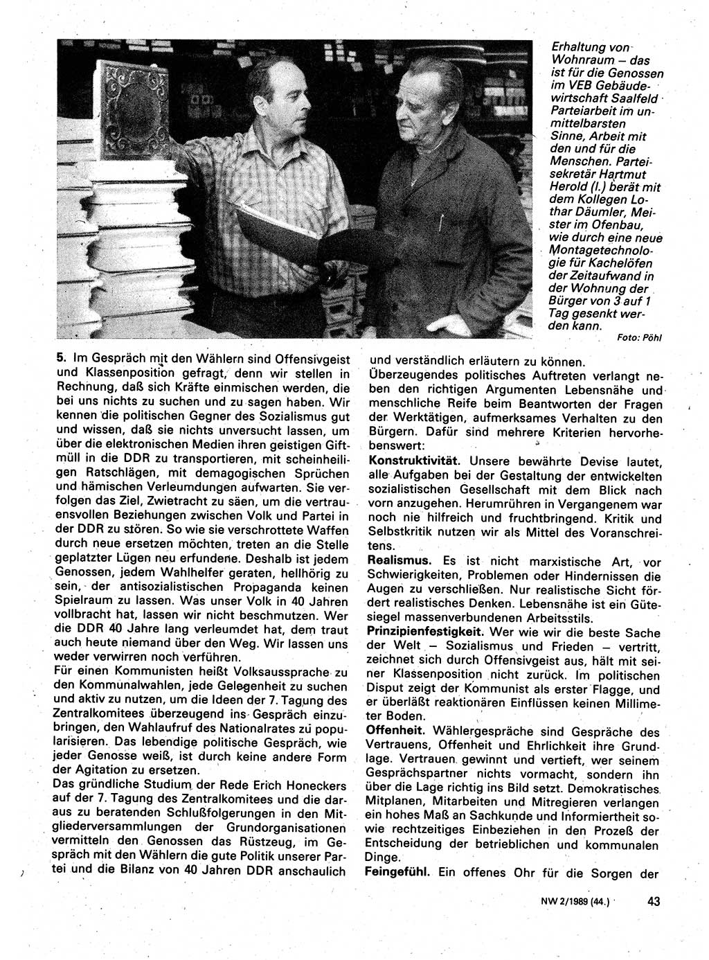 Neuer Weg (NW), Organ des Zentralkomitees (ZK) der SED (Sozialistische Einheitspartei Deutschlands) für Fragen des Parteilebens, 44. Jahrgang [Deutsche Demokratische Republik (DDR)] 1989, Seite 43 (NW ZK SED DDR 1989, S. 43)