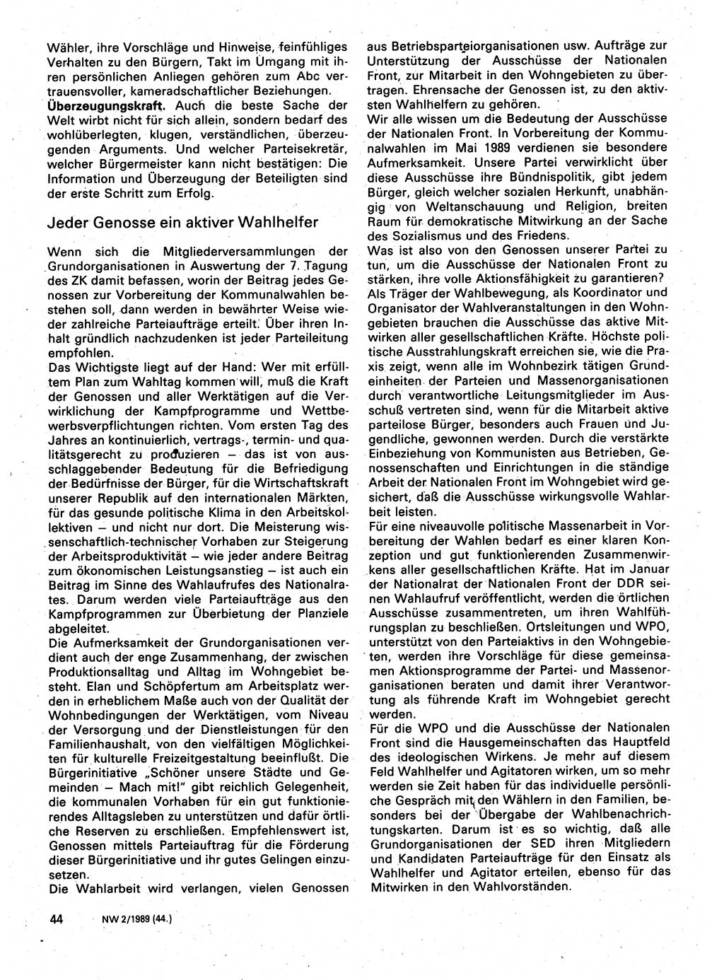 Neuer Weg (NW), Organ des Zentralkomitees (ZK) der SED (Sozialistische Einheitspartei Deutschlands) für Fragen des Parteilebens, 44. Jahrgang [Deutsche Demokratische Republik (DDR)] 1989, Seite 44 (NW ZK SED DDR 1989, S. 44)