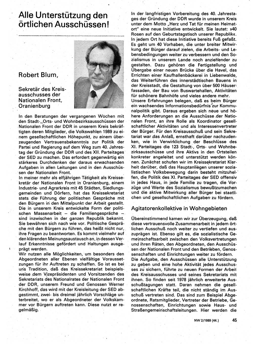 Neuer Weg (NW), Organ des Zentralkomitees (ZK) der SED (Sozialistische Einheitspartei Deutschlands) für Fragen des Parteilebens, 44. Jahrgang [Deutsche Demokratische Republik (DDR)] 1989, Seite 45 (NW ZK SED DDR 1989, S. 45)