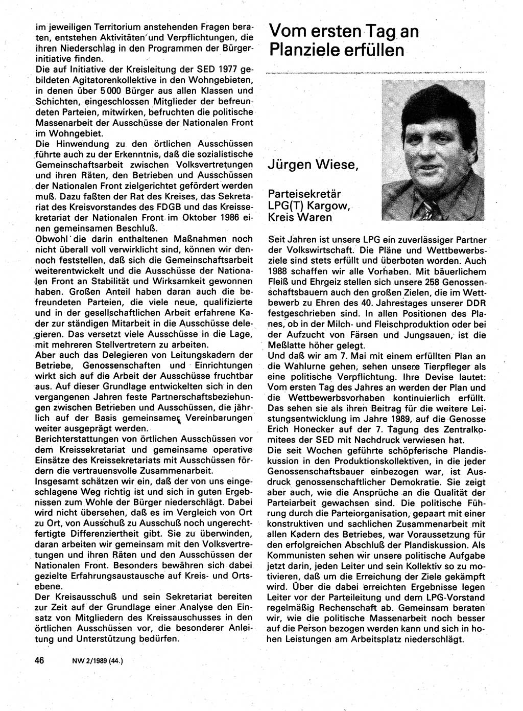 Neuer Weg (NW), Organ des Zentralkomitees (ZK) der SED (Sozialistische Einheitspartei Deutschlands) für Fragen des Parteilebens, 44. Jahrgang [Deutsche Demokratische Republik (DDR)] 1989, Seite 46 (NW ZK SED DDR 1989, S. 46)