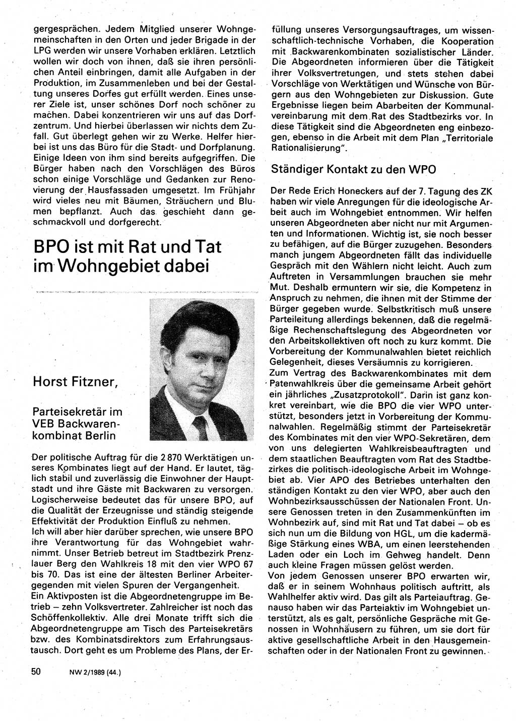 Neuer Weg (NW), Organ des Zentralkomitees (ZK) der SED (Sozialistische Einheitspartei Deutschlands) für Fragen des Parteilebens, 44. Jahrgang [Deutsche Demokratische Republik (DDR)] 1989, Seite 50 (NW ZK SED DDR 1989, S. 50)