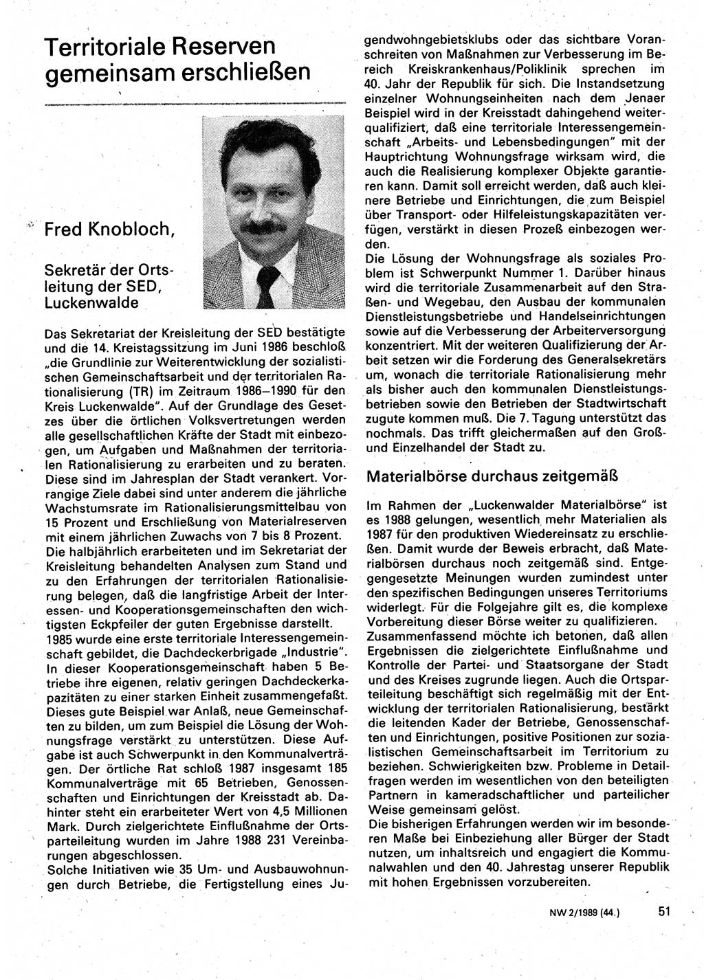 Neuer Weg (NW), Organ des Zentralkomitees (ZK) der SED (Sozialistische Einheitspartei Deutschlands) für Fragen des Parteilebens, 44. Jahrgang [Deutsche Demokratische Republik (DDR)] 1989, Seite 51 (NW ZK SED DDR 1989, S. 51)