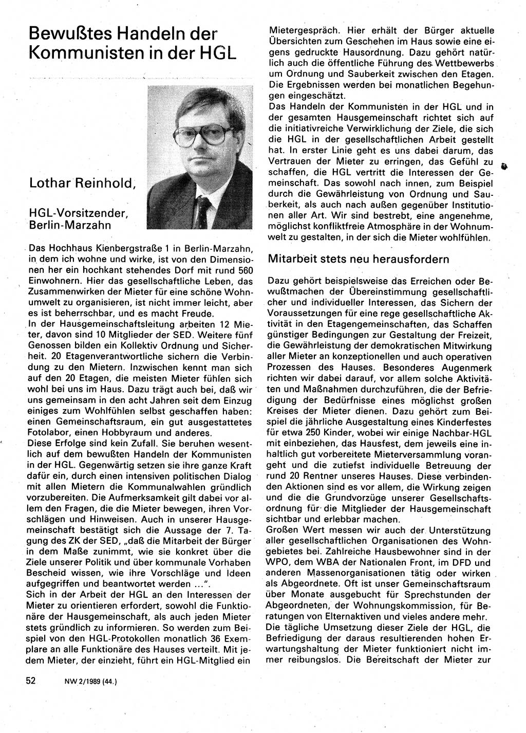 Neuer Weg (NW), Organ des Zentralkomitees (ZK) der SED (Sozialistische Einheitspartei Deutschlands) für Fragen des Parteilebens, 44. Jahrgang [Deutsche Demokratische Republik (DDR)] 1989, Seite 52 (NW ZK SED DDR 1989, S. 52)