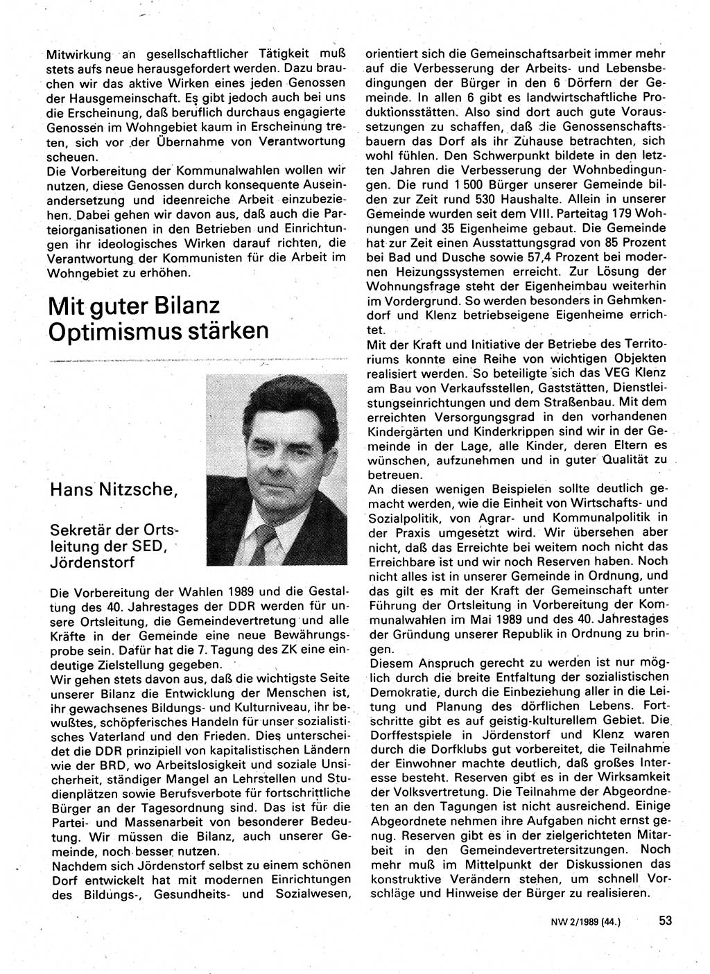 Neuer Weg (NW), Organ des Zentralkomitees (ZK) der SED (Sozialistische Einheitspartei Deutschlands) für Fragen des Parteilebens, 44. Jahrgang [Deutsche Demokratische Republik (DDR)] 1989, Seite 53 (NW ZK SED DDR 1989, S. 53)