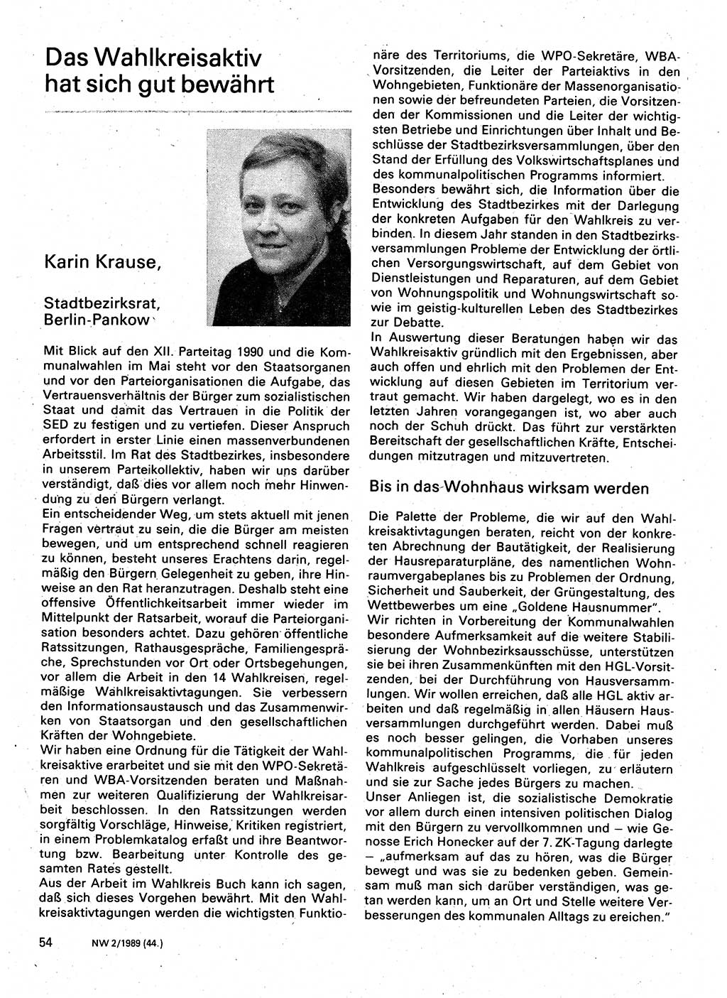 Neuer Weg (NW), Organ des Zentralkomitees (ZK) der SED (Sozialistische Einheitspartei Deutschlands) für Fragen des Parteilebens, 44. Jahrgang [Deutsche Demokratische Republik (DDR)] 1989, Seite 54 (NW ZK SED DDR 1989, S. 54)