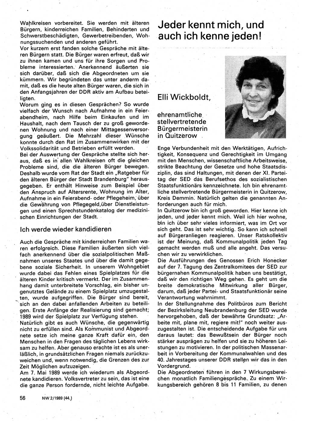 Neuer Weg (NW), Organ des Zentralkomitees (ZK) der SED (Sozialistische Einheitspartei Deutschlands) für Fragen des Parteilebens, 44. Jahrgang [Deutsche Demokratische Republik (DDR)] 1989, Seite 56 (NW ZK SED DDR 1989, S. 56)