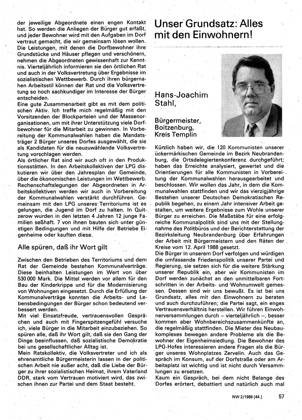 Neuer Weg (NW), Organ des Zentralkomitees (ZK) der SED (Sozialistische Einheitspartei Deutschlands) für Fragen des Parteilebens, 44. Jahrgang [Deutsche Demokratische Republik (DDR)] 1989, Seite 57 (NW ZK SED DDR 1989, S. 57)