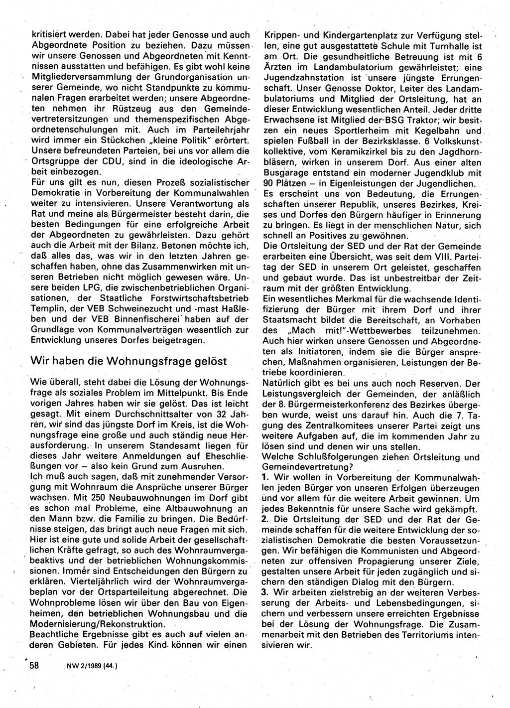 Neuer Weg (NW), Organ des Zentralkomitees (ZK) der SED (Sozialistische Einheitspartei Deutschlands) für Fragen des Parteilebens, 44. Jahrgang [Deutsche Demokratische Republik (DDR)] 1989, Seite 58 (NW ZK SED DDR 1989, S. 58)